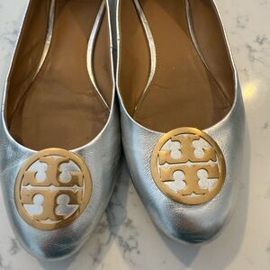 Tory Burch Silver and Gold Flats with Logo Medallion